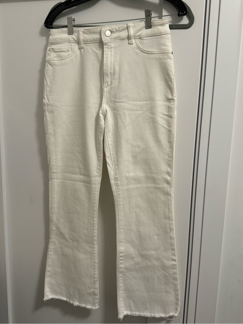 DL1961 White Flare Jeans with Raw Hem